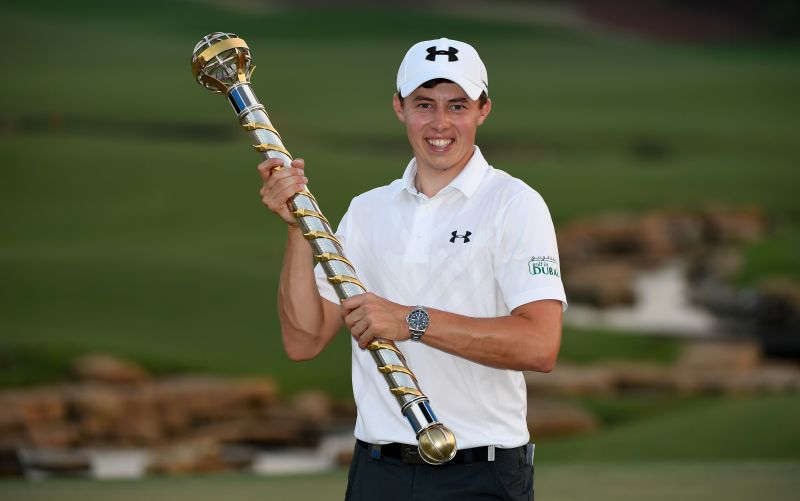 DUBAI, UNITED ARAB EMIRATES - NOVEMBER 20:  Matthew Fitzpatrick of England with the DP World Tour Championship Trophy after the final round of the DP World Tour Championship at Jumeirah Golf Estates on November 20, 2016 in Dubai, United Arab Emirates.  (Photo by Ross Kinnaird/Getty Images)