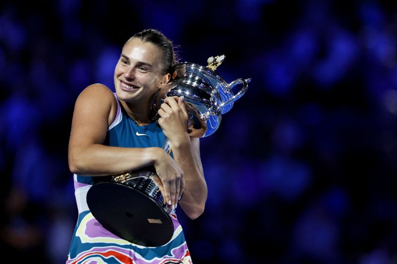 Belarus' Aryna Sabalenka poses with the trophy after winning against Kazakhstan's Elena Rybakina during the women's singles final on day thirteen of the Australian Open tennis tournament in Melbourne on January 28, 2023.